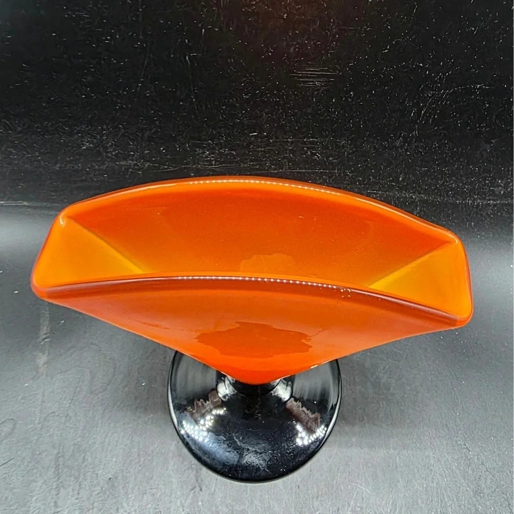 Orange Art Glass Fan Vase Black Pedestal Base Mid Century Modern Style‎ Decor 5